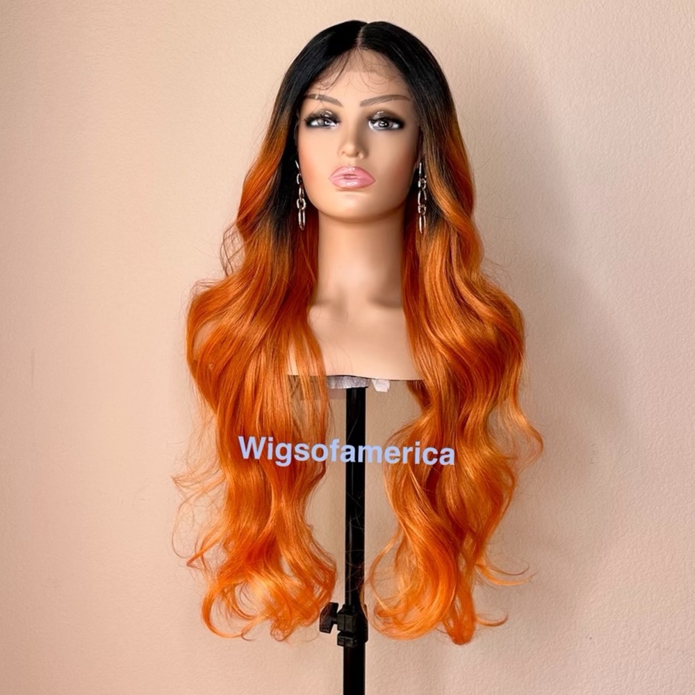 Orange wig black lace front middle part 26 inch long wavy layered